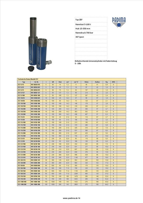 ZEF-100/200 Single Acting Hydraulic Cylinders  100ton, 200mm Stroke  Spring balance